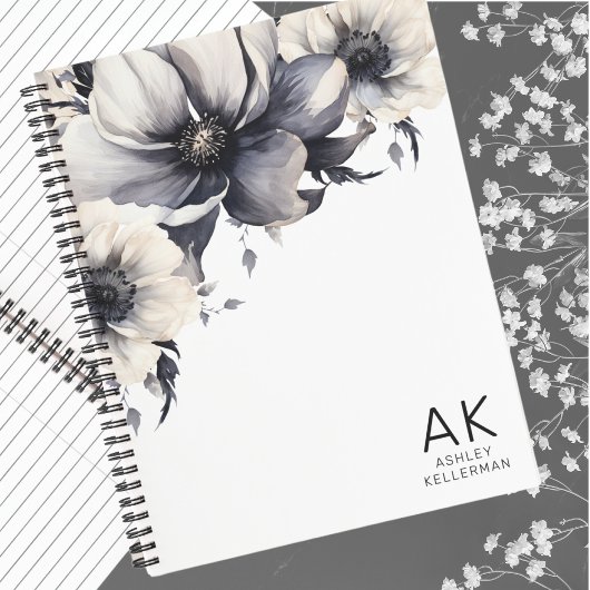 Carnet Élégant noir blanc floral Monogramme