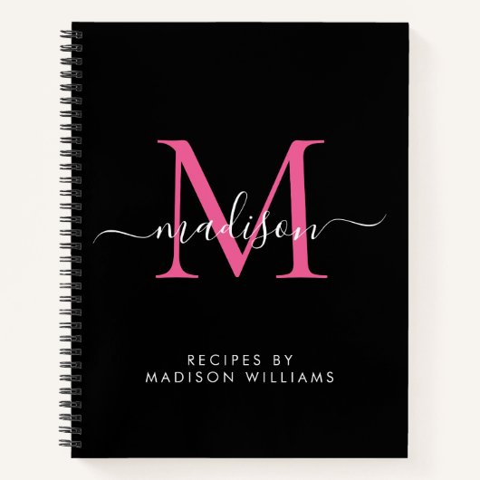 Carnet Élégant noir Hot rose Monogramme Nom du script Rec (Devant)