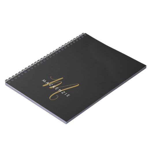 Carnet Élégant Noir Moderne Script Monogramme (Côté gauche)
