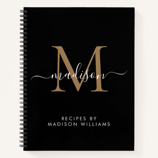 Carnet Élégant Noir Monogramme Nom du script Recette (Devant)