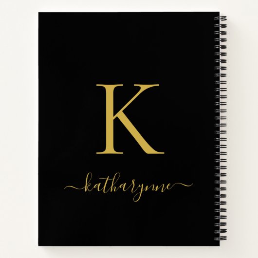 Carnet Élégant Noir Monogramme Or Nom du script (Dos)