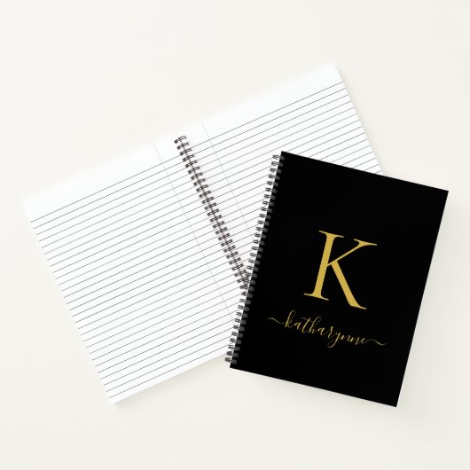 Carnet Élégant Noir Monogramme Or Nom du script (Intérieur)
