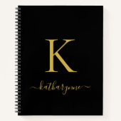 Carnet Élégant Noir Monogramme Or Nom du script (Devant)