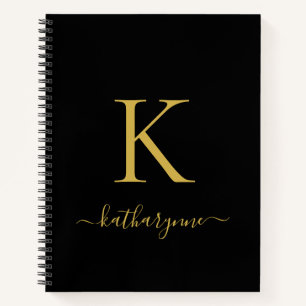 Carnet Élégant Noir Monogramme Or Nom du script