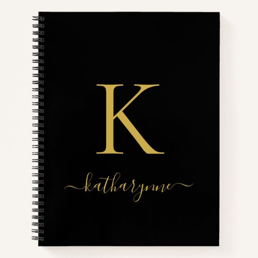 Carnet Élégant Noir Monogramme Or Nom du script (Devant)