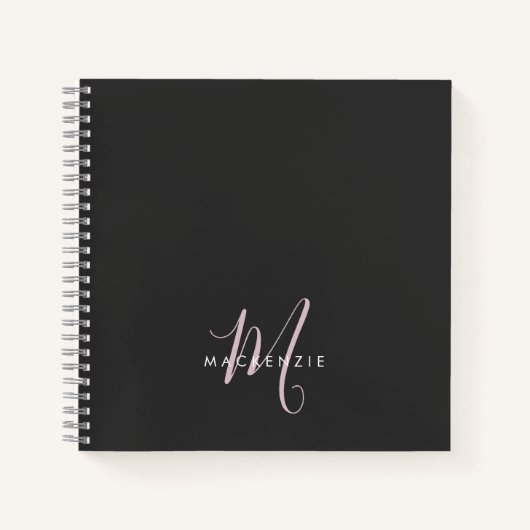 Carnet Élégant Noir Noir Blush Pink Script Monogramme (Devant)