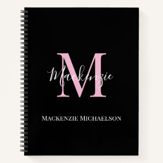 Carnet Élégant Noir Rose Personnalisé Nom Monogramme
