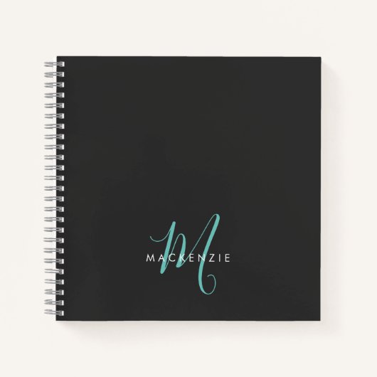 Carnet Élégant Noir Turquoise Script Monogramme moderne (Devant)