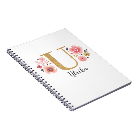 Carnet Élégant Nom Monogramme Floral Blanc Pink Script (Côté Droit)
