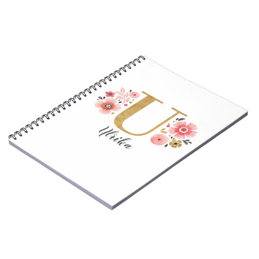 Carnet Élégant Nom Monogramme Floral Blanc Pink Script (Côté gauche)