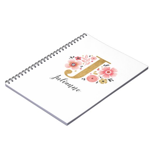 Carnet Élégant Nom Monogramme Or rose Script Floral (Côté gauche)