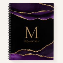 Élégant Nom Monogramme Purple Agate Or Noir