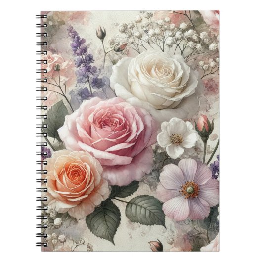 Carnet Elegant Pink and White Rose Pattern Spiral Noteboo (Devant)