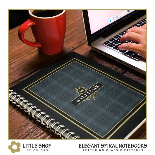 Carnet Élégant Plaid Monogrammé à Carreaux Noirs Dorés
