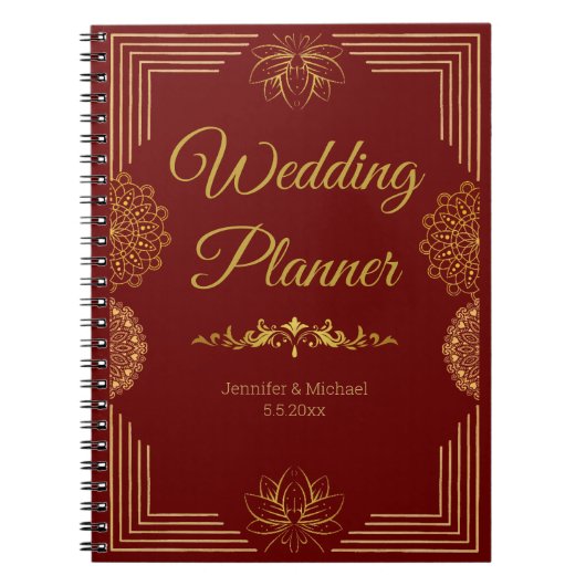 Carnet élégant plan de mariage or rouge Indien (Devant)