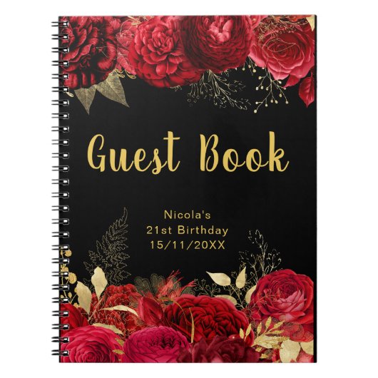 Carnet Elegant Red and Gold Flowers Birthday Guest Book (Devant)