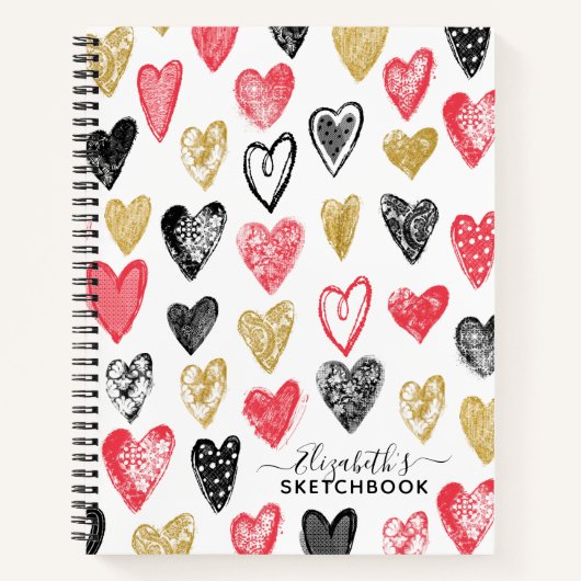 Carnet Elégant Red Black Hearts Votre nom Sketchbook (Devant)