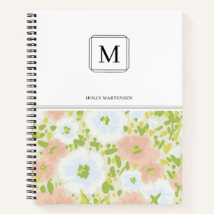 Carnet Élégant rose blanc Monogramme Aquarelle Fleurs