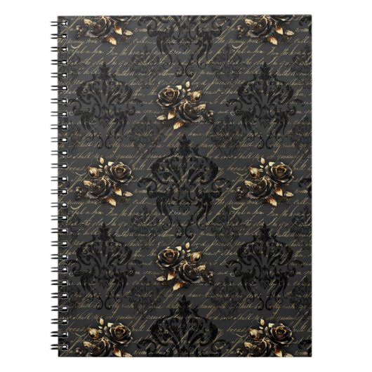 Carnet Élégant roses en or noir damassé gothique (Devant)