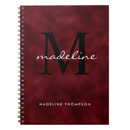 Carnet Élégant Rouge Velvet Script Monogramme noir (Devant)