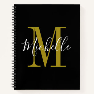 Carnet Élégant Script Black Gold Monogramme Nom