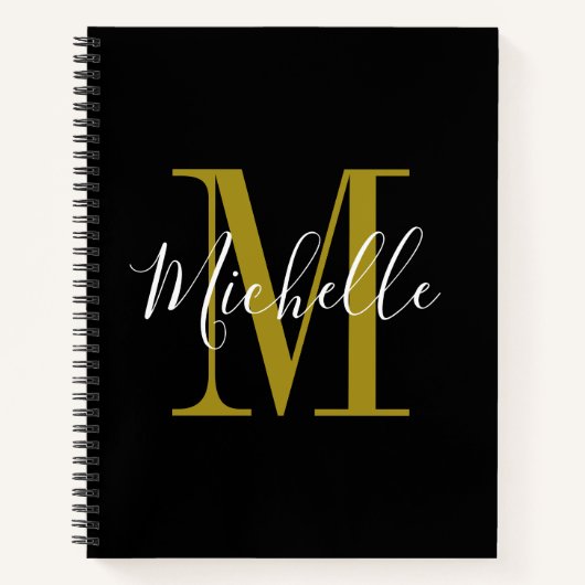 Carnet Élégant Script Black Gold Monogramme Nom (Devant)
