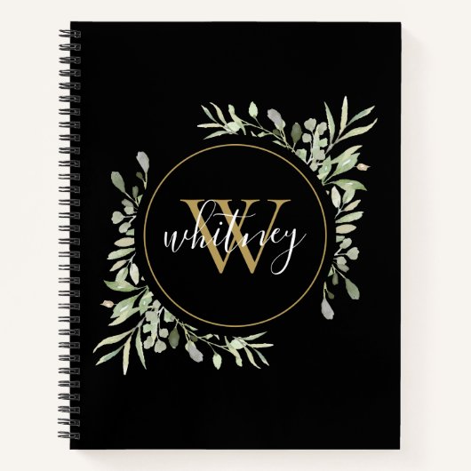 Carnet Élégant Script Floraison Chic Monogramme Noir (Devant)