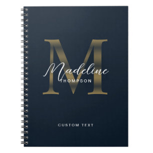 Carnet Élégant Script Monogramme Bleu Nuit Métallisé Or