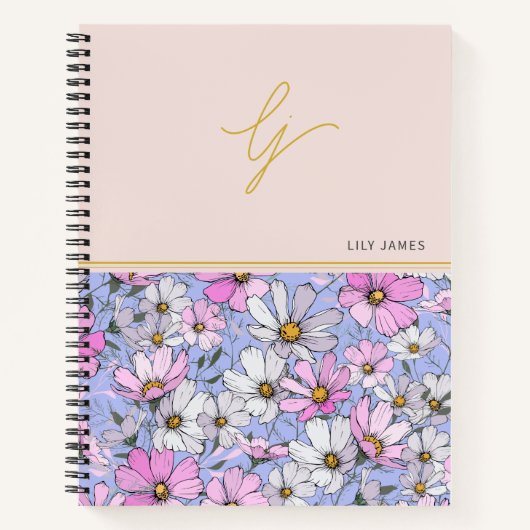 Carnet Élégant script monogramme or fleurs roses bleues  (Devant)