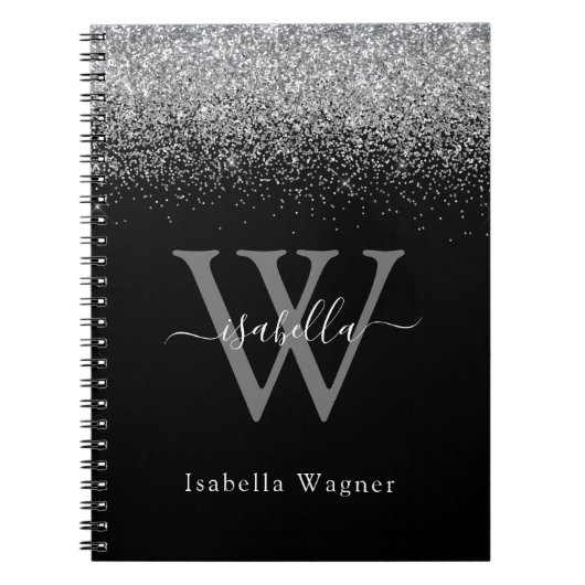 Carnet Élégant script pailleté argent monogrammé (Devant)