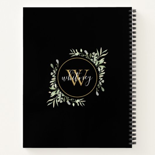 Carnet Élégant Script Verdure Chic Or Monogramme Noir (Dos)