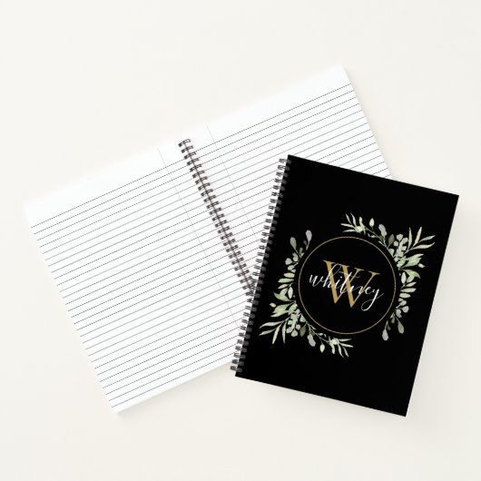 Carnet Élégant Script Verdure Chic Or Monogramme Noir (Intérieur)