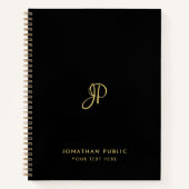 Carnet Élégant Tendance Script Monogrammé Noir Et Or (Devant)