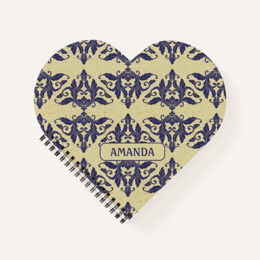 Carnet Elégant vintage damassé marine bleu jaune monogram (Devant)