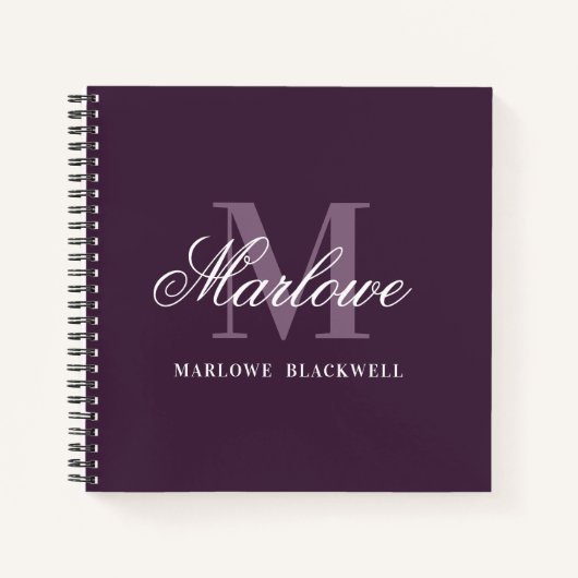 Carnet Élégant violet foncé blanc monogramme calligraphie (Devant)