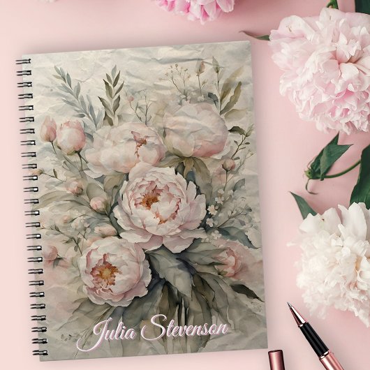 Carnet Elégante Aquarelle Peonies avec Pastel Greenery