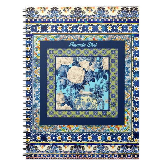 Carnet Élégante chinoiserie de tuile bleu floral monogram (Devant)