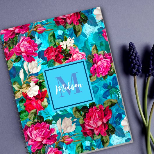 Carnet Élégante fleurs rose fleurie bleu motif