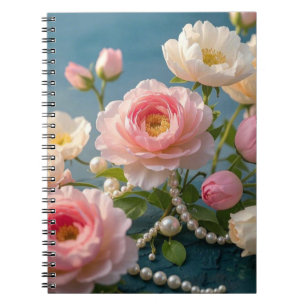 Carnet Élégantes fleurs blanches rose pâle avec perles