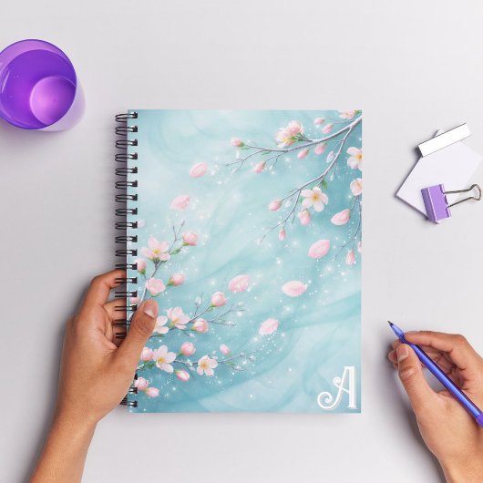 Carnet Élégantes Initiales Fleur de Cerisier Turquoise Ro