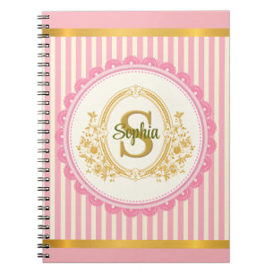 Carnet Élégantes rayures roses et or et monogramme vintag