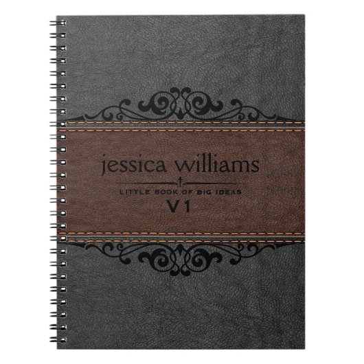 Carnet Élément Brown et noir en cuir noir Floral (Devant)