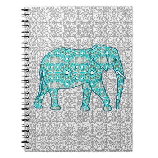 Carnet Eléphant fleur Mandala - turquoise, gris & blanc (Devant)