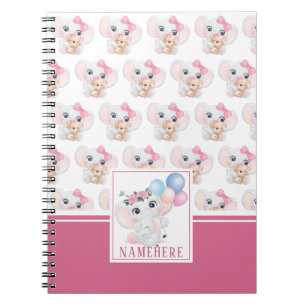 Carnet Éléphant Rose Féminin avec Nœud et Motif de Ballon