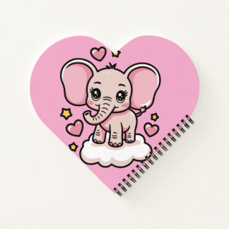 Carnet Eléphant rose joli Flying Whimsical Etoiles &coeur