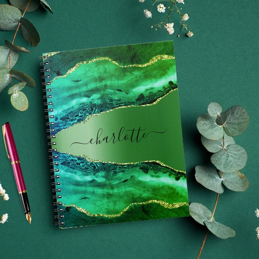 Carnet Emeraude verte agate marbre nom script