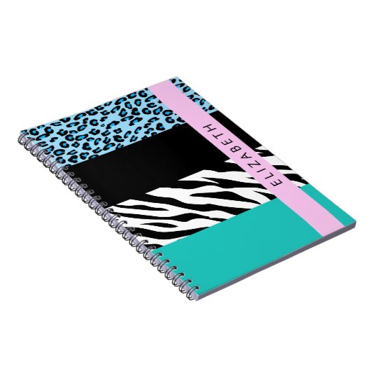 Carnet Empreinte de léopard, Zebra Print, Bleu, Votre nom (Côté Droit)