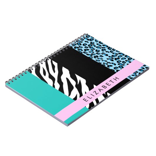 Carnet Empreinte de léopard, Zebra Print, Bleu, Votre nom (Côté gauche)