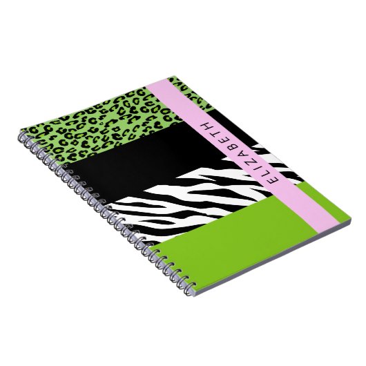 Carnet Empreinte de léopard, Zebra Print, Vert, Votre nom (Côté Droit)