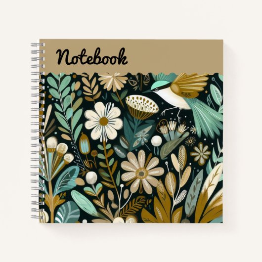 Carnet en fleurs turquoise - Décor Folk Bird top (Devant)